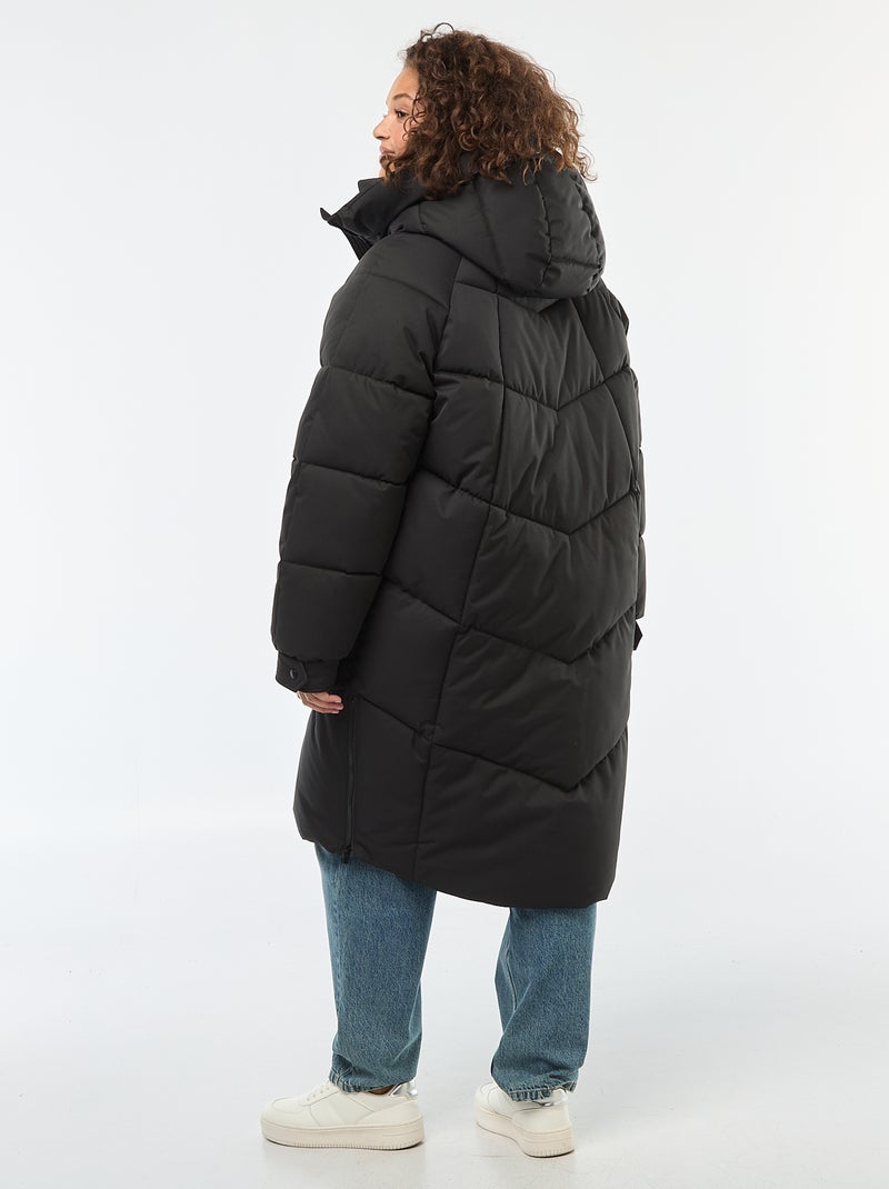 Doudoune longue matelassée à capuche avec poches doublées polaire Noir - Kiabi