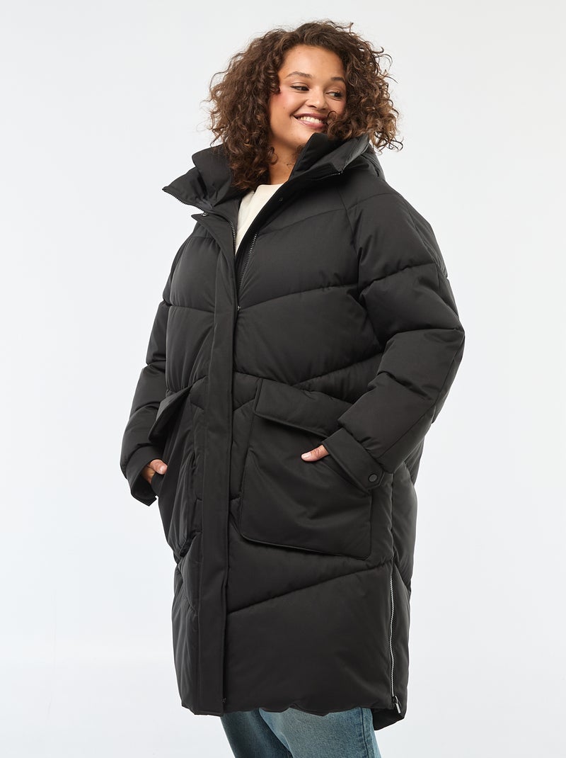 Doudoune longue matelassée à capuche avec poches doublées polaire Noir - Kiabi