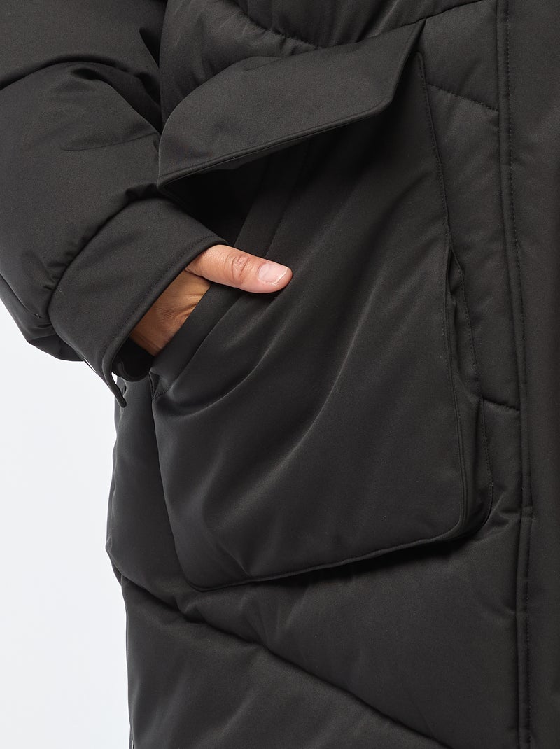 Doudoune longue matelassée à capuche avec poches doublées polaire Noir - Kiabi