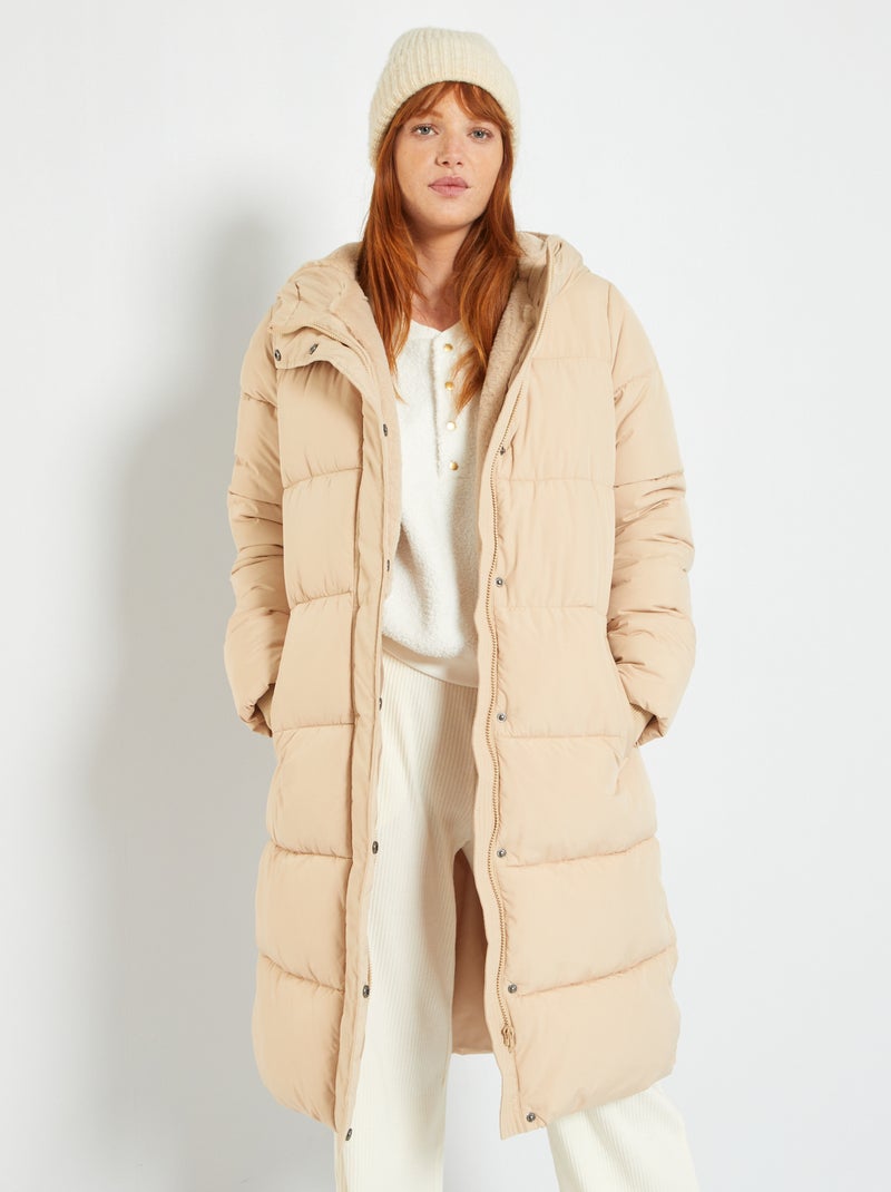 Doudoune longue matelassée à capuche Beige Kiabi