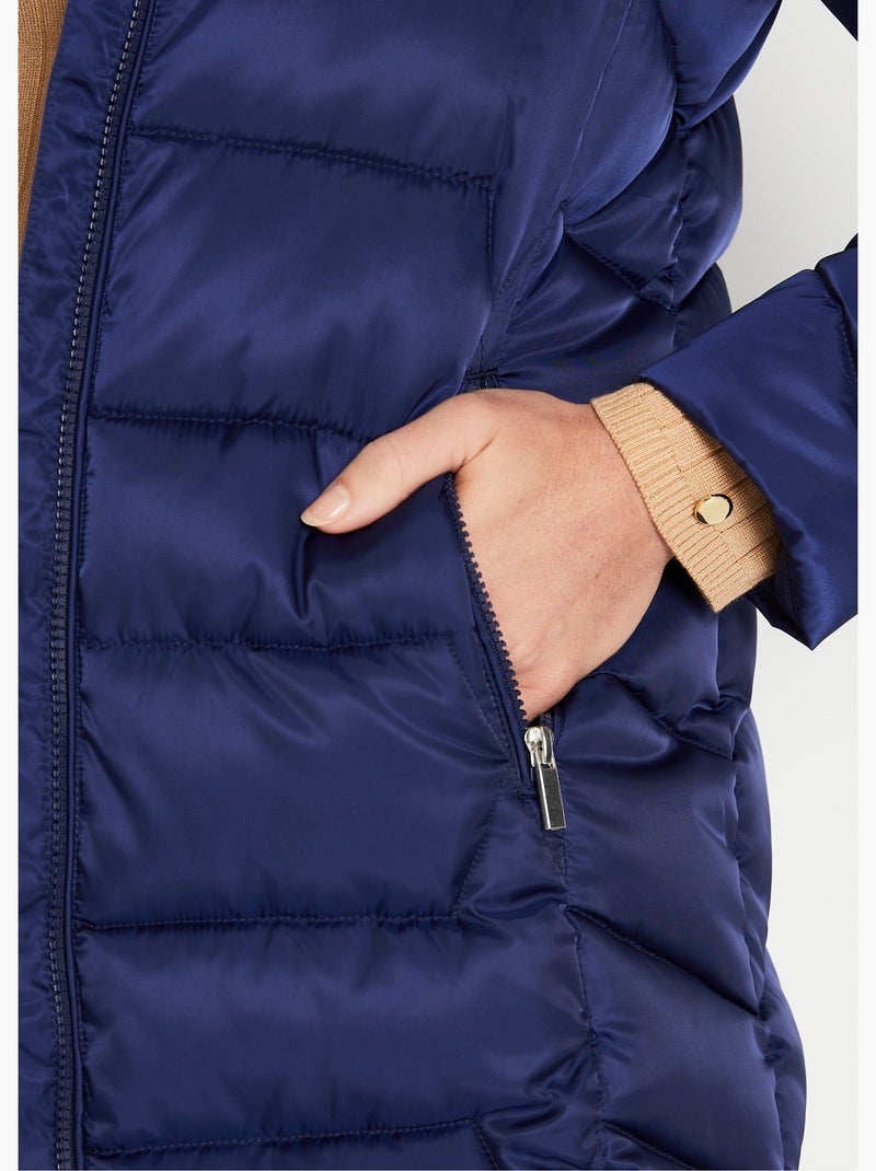 Doudoune longue matelassée à capuche Bleu marine - Kiabi