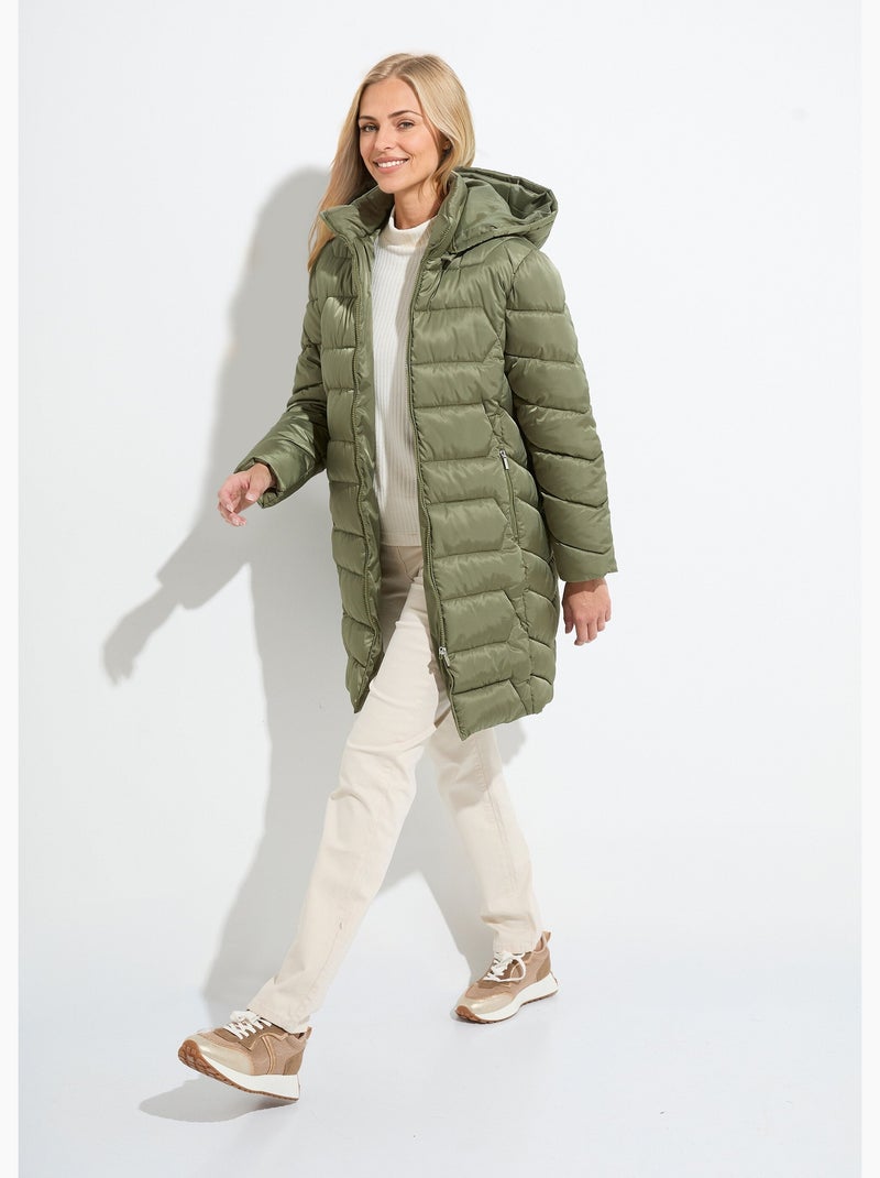 Doudoune longue matelassée à capuche Kaki - Kiabi