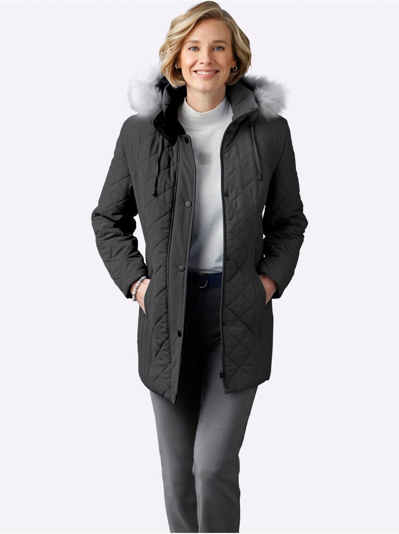 Doudoune matelassée à capuche amovible et empiècement en fourrure - Taille standard - Moda Vilona Noir - Kiabi