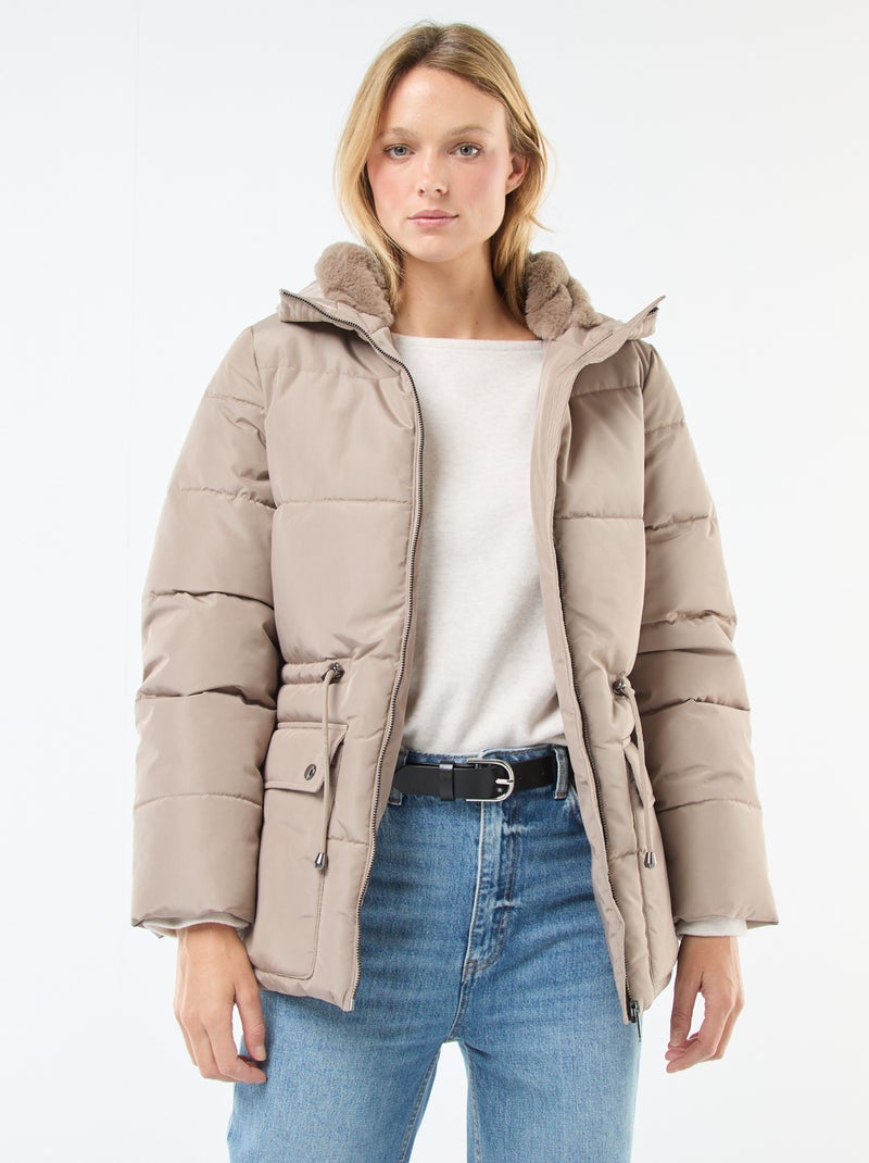 Doudoune mi-longue matelassée à capuche Beige - Kiabi