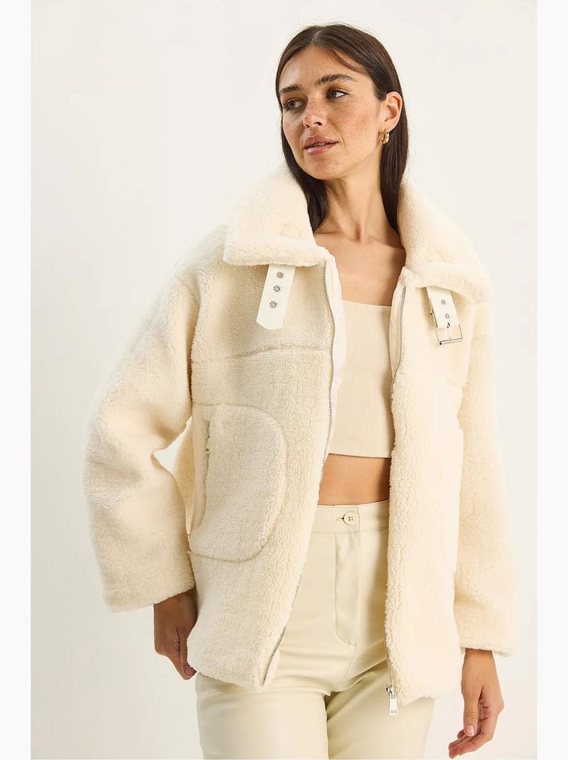 Doudoune oversize en maille peluche avec fermeture éclair lucci Crème - Kiabi