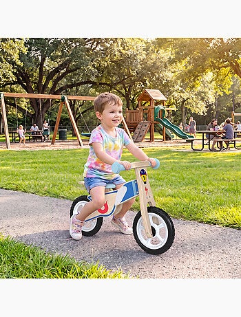 Draisienne enfant bois moto flamme selle réglable pneus eva