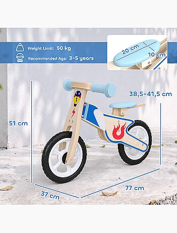 Draisienne enfant bois moto flamme selle réglable pneus eva