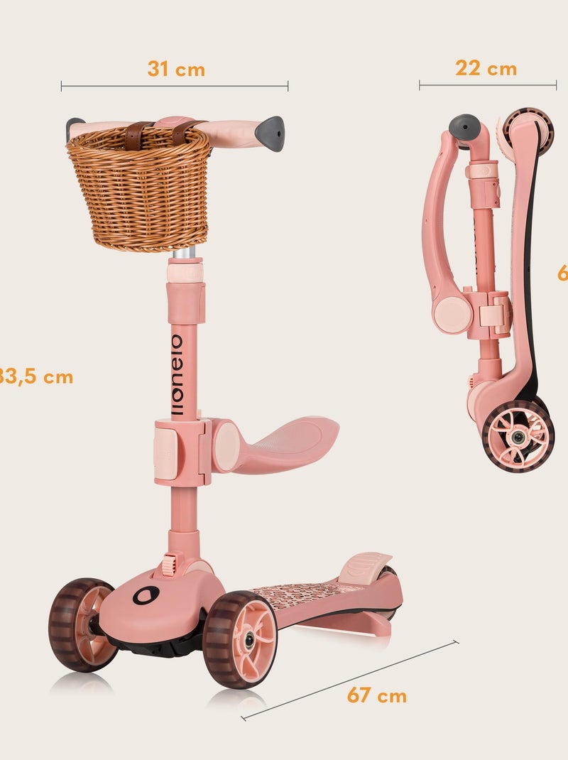 Draisienne trottinette evolutive LIONELO Franky - Roues éclairées - Jusqu’à 50 kg - Panier Rose - Kiabi