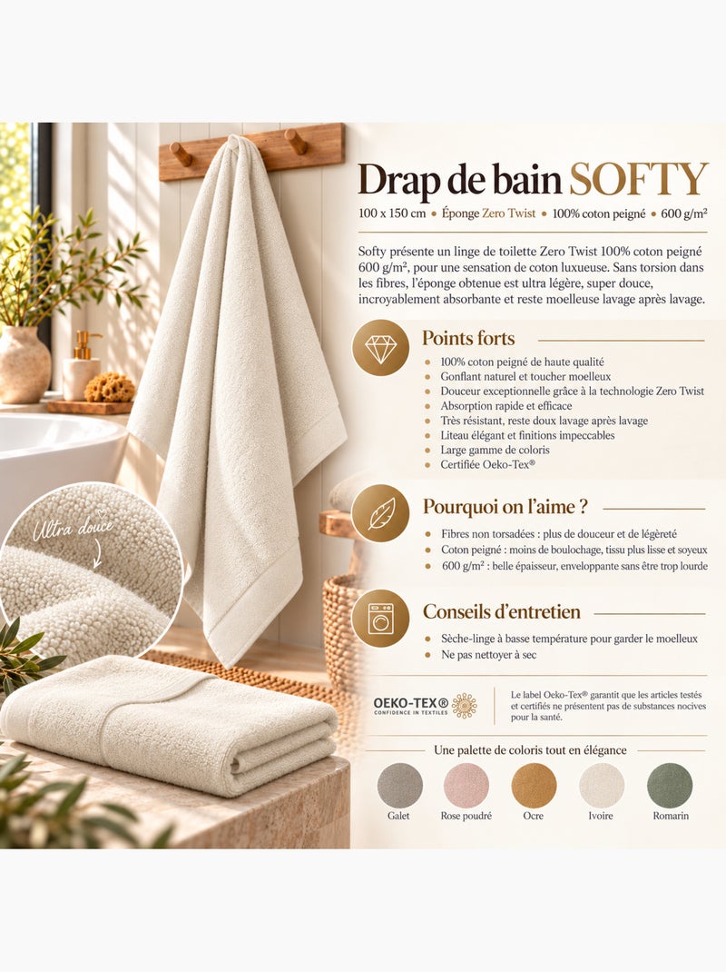 Drap de bain softy – éponge zero twist 100% coton peigné 600 g/m² Bleu marine - Kiabi