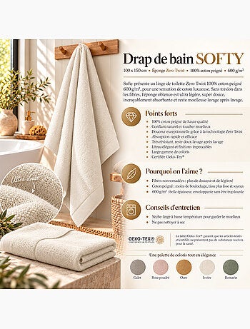 Drap de bain softy – éponge zero twist 100% coton peigné 600 g/m²