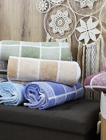 Drap de douche coton bouclette éponge à carreaux CELESTE