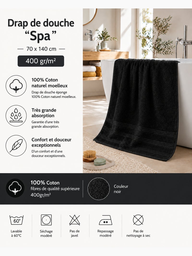 Drap de Douche Spa 100% Coton 400 gr/m² Noir - Kiabi
