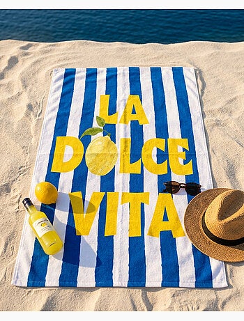 Drap de Plage 100x180 cm 100% Polyester | La Dolce Vita Citron Rayures Bleu & Jaune Méditerranée XL
