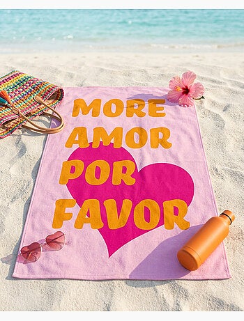Drap de Plage 100x180 cm 100% Polyester | More Amor Por Favor Rose Fuchsia Orange Cœur XL | Séchage