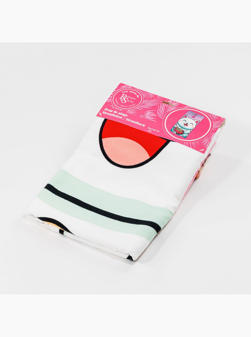 Drap de Plage 70x140 cm 100% Polyester | Chat Kawaii Ramen Bol Rouge Kanji Japonais Rose Beige/Rose - Kiabi