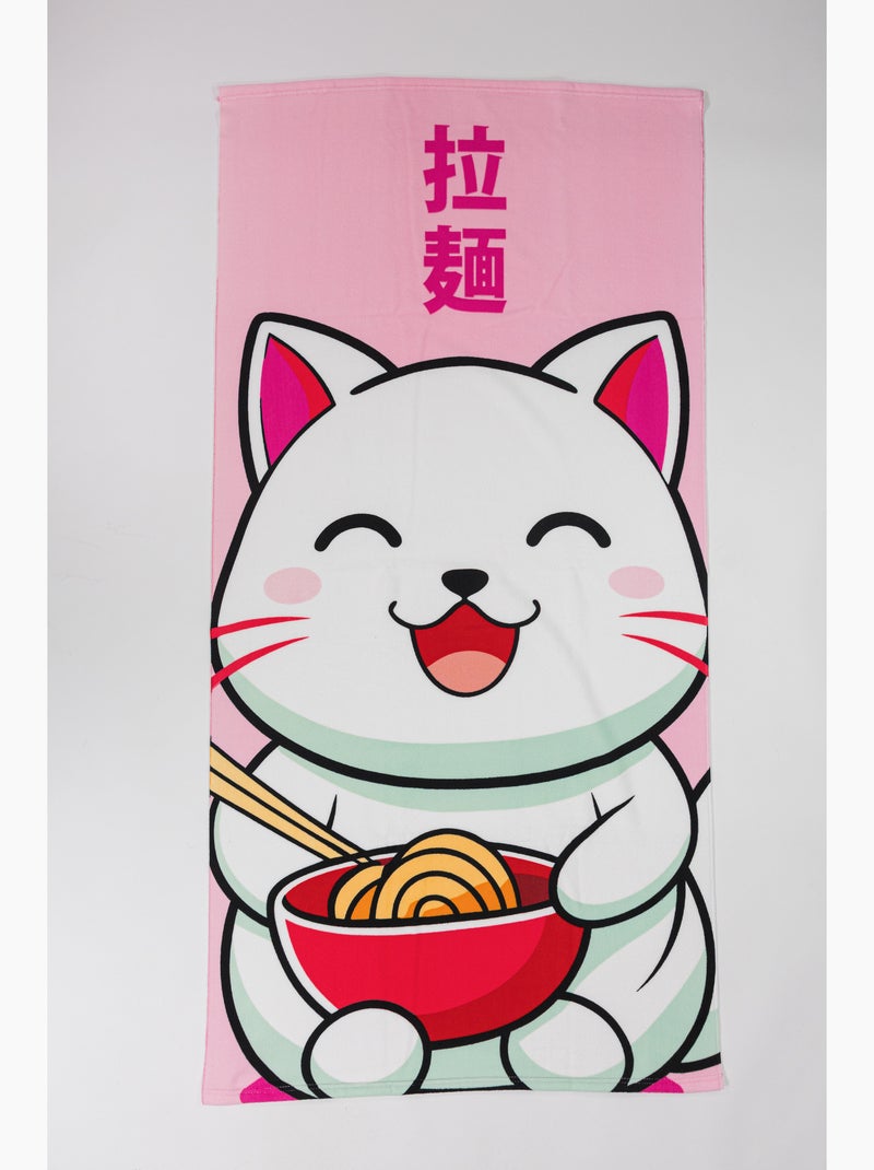 Drap de Plage 70x140 cm 100% Polyester | Chat Kawaii Ramen Bol Rouge Kanji Japonais Rose Beige/Rose - Kiabi