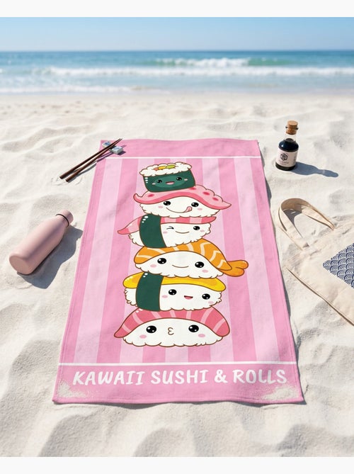 Drap de Plage 70x140 cm 100% Polyester | Kawaii Sushi & Rolls Empilés Rose Rayures Japonais - Kiabi Drap de Plage 70x140 cm 100% Polyester | Kawaii Sushi & Rolls Empilés Rose Rayures Japonais - Kiabi