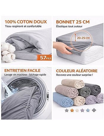 Drap housse - 100% coton 57 fils, bonnet 25 cm, coins élastiques - couleur aléatoire