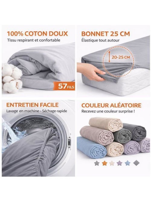 Drap housse - 100% coton 57 fils, bonnet 25 cm, coins élastiques - couleur aléatoire - Kiabi Drap housse - 100% coton 57 fils, bonnet 25 cm, coins élastiques - couleur aléatoire - Kiabi