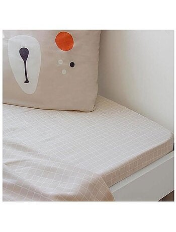 Drap housse - cote deco - 90x190 cm - motif carreaux beige et blanc - bonnet 25 cm - microfibre