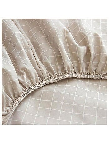 Drap housse - cote deco - 90x190 cm - motif carreaux beige et blanc - bonnet 25 cm - microfibre