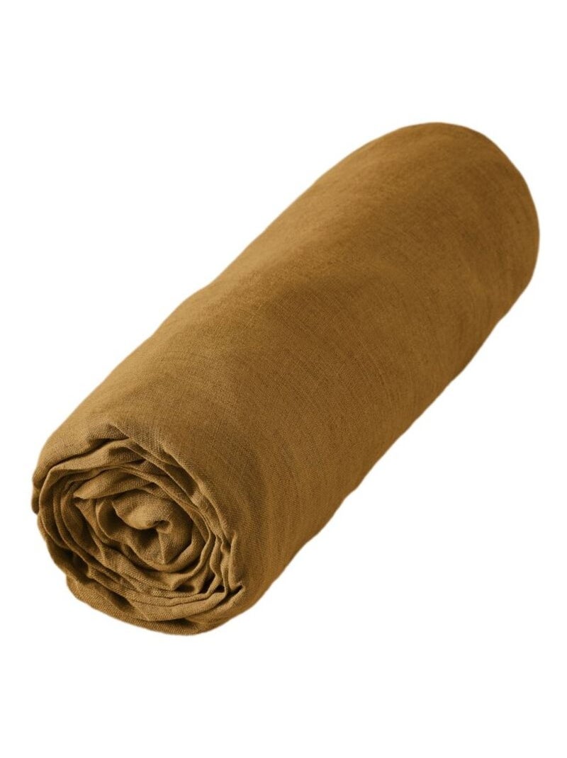 Drap housse - L'effet papillon - 100% Lin lavé Marron caramel - Kiabi