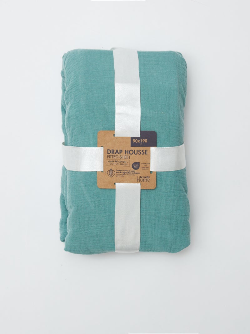 Drap housse 1 personne (90x190 cm) en double gaze de coton - Kiabi Home Bleu turquoise - Kiabi
