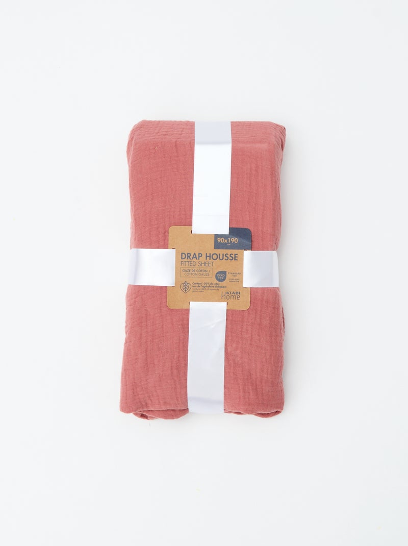 Drap housse 1 personne (90x190 cm) en double gaze de coton - Kiabi Home Vieux rose - Kiabi