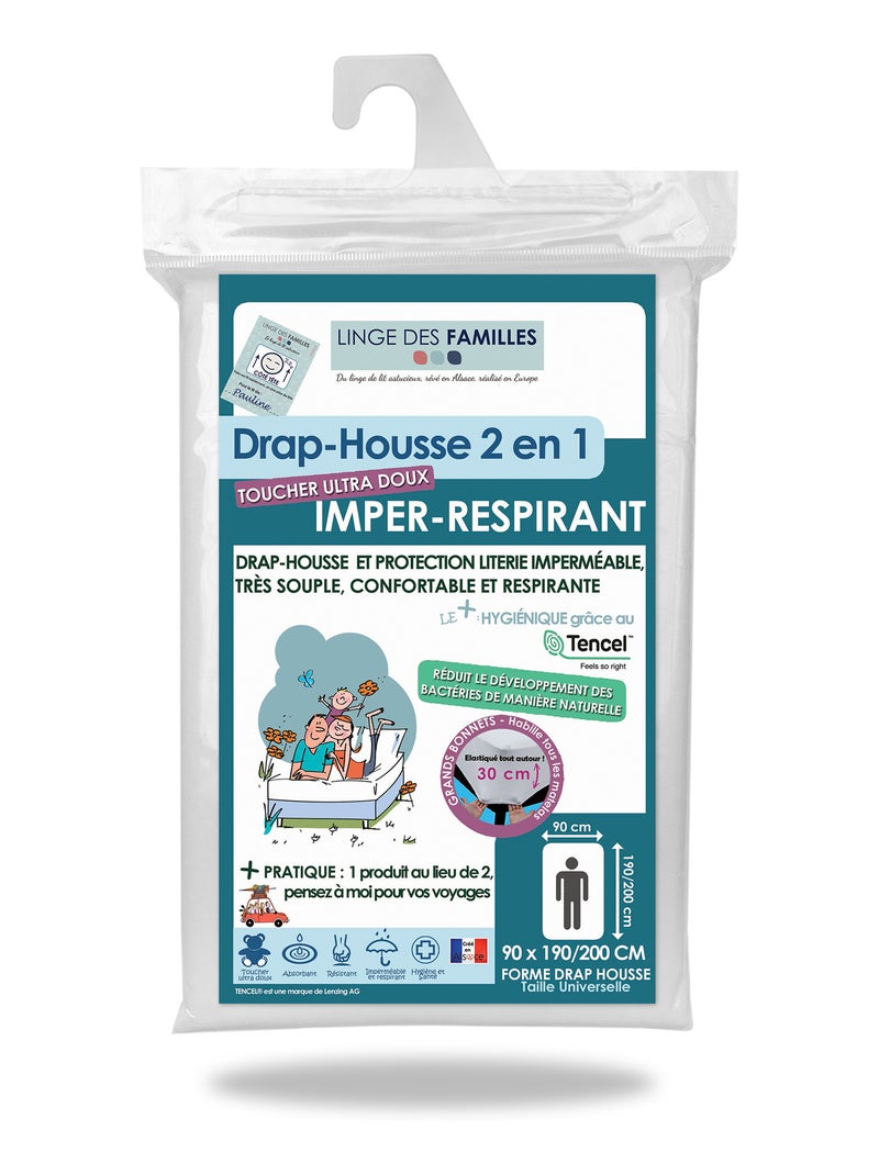 Drap-Housse 2 en 1 en TENCEL™ Lyocell - Imperméable Respirant - Grand Bonnet - Linge des Familles Blanc - Kiabi