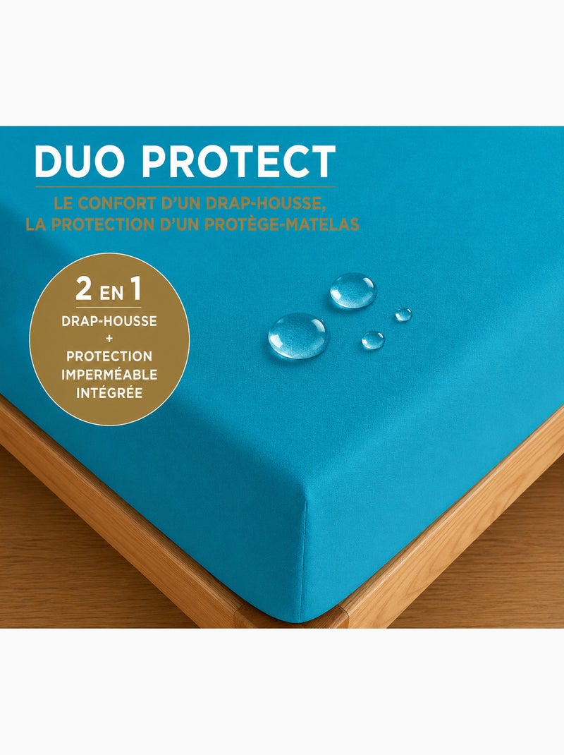 Drap housse 2 en 1 imperméable – coton 57 fils – duo protect Bleu cyan - Kiabi