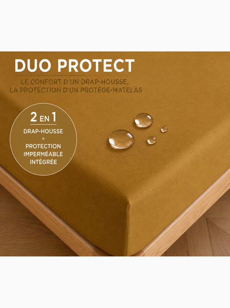 Drap housse 2 en 1 imperméable – coton 57 fils – duo protect Marron caramel - Kiabi
