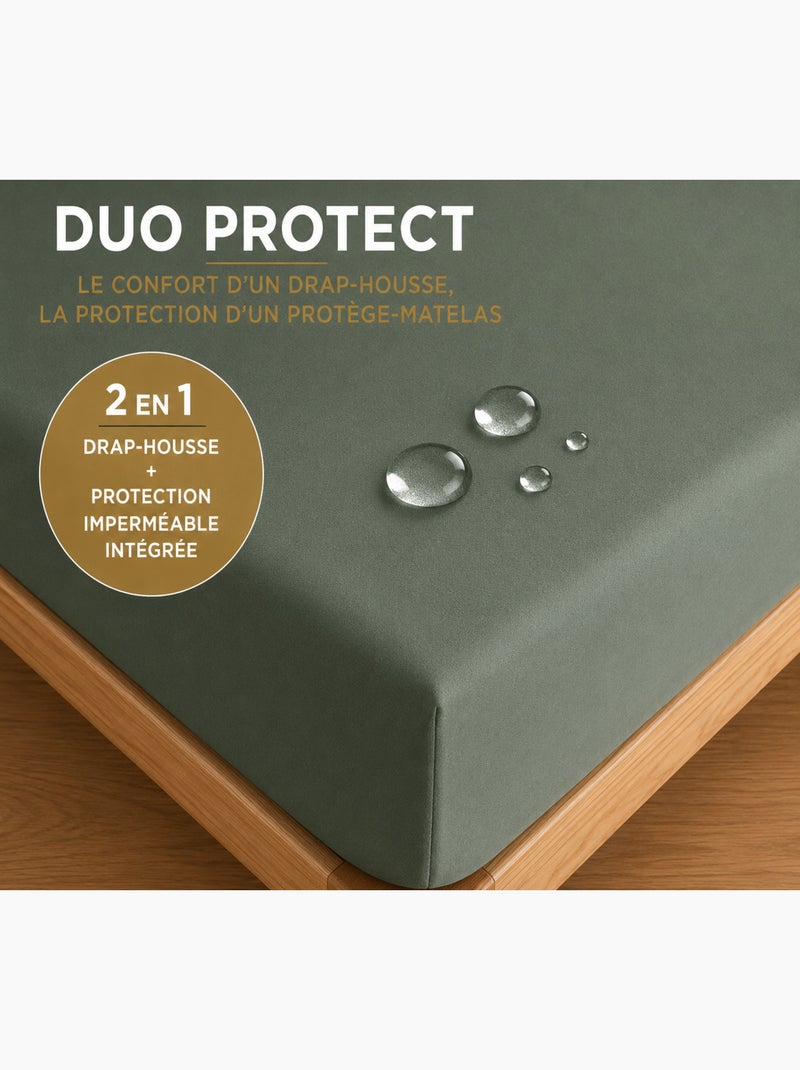 Drap housse 2 en 1 imperméable – coton 57 fils – duo protect Vert romarin - Kiabi