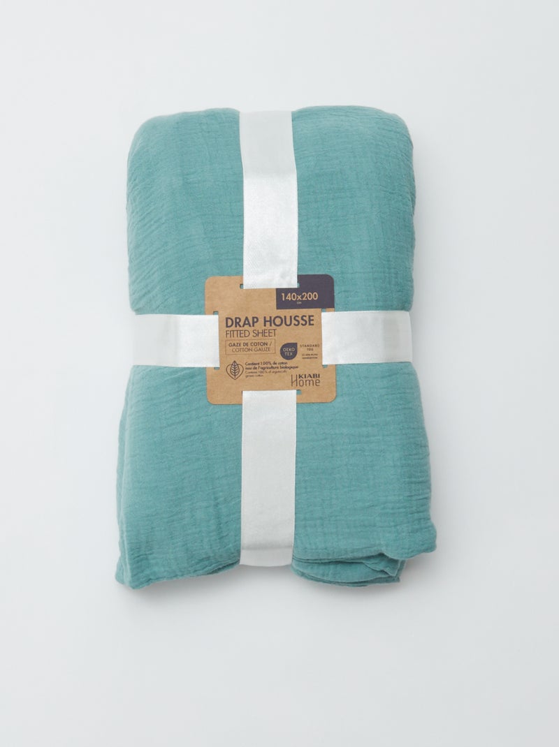 Drap housse 2 personnes (140x200) en double gaze de coton - Kiabi Home Bleu turquoise - Kiabi