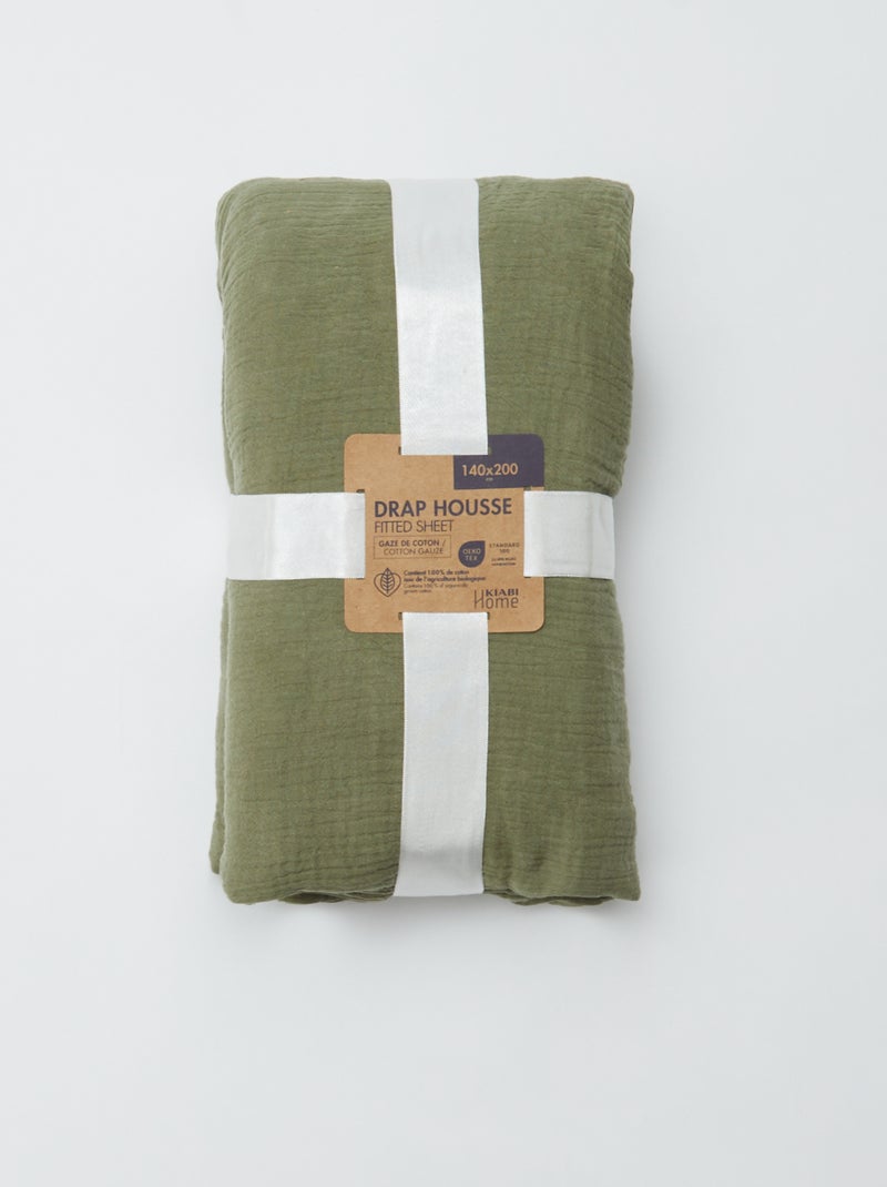 Drap housse 2 personnes (140x200) en double gaze de coton - Kiabi Home Vert kaki - Kiabi