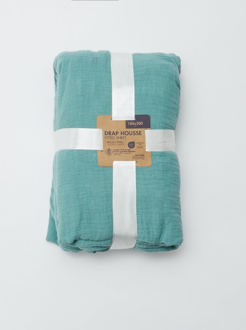Drap housse 2 personnes (180x200) en double gaze de coton - Kiabi Home Bleu turquoise - Kiabi