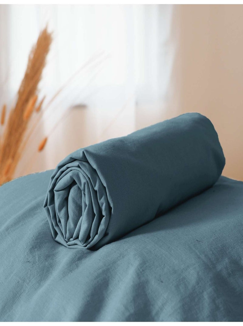 Drap housse 2 places 100% coton lavé bonnet 25 cm grande taille Bleu foncé - Kiabi