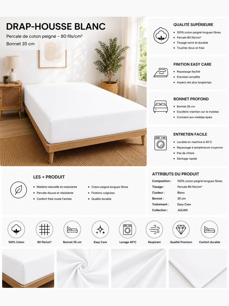 Drap-housse – 80 fils/cm² – Bonnet 35 cm Blanc - Kiabi