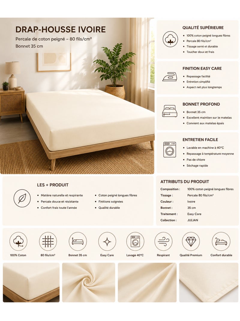 Drap-housse – 80 fils/cm² – Bonnet 35 cm Ivoire - Kiabi