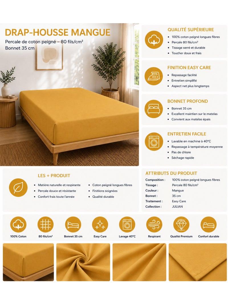 Drap-housse – 80 fils/cm² – Bonnet 35 cm Jaune - Kiabi