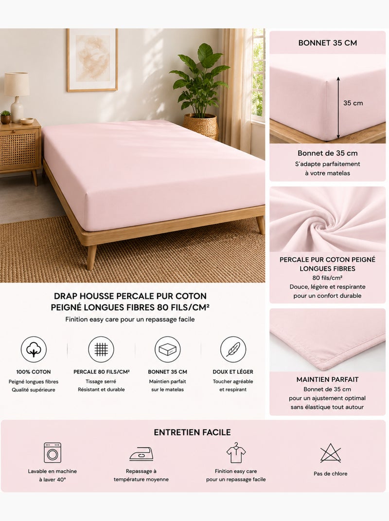Drap-housse – 80 fils/cm² – Bonnet 35 cm Rose - Kiabi