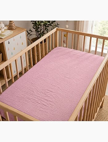 Drap housse bébé extensible en gaze de coton rose 60 x 120 cm