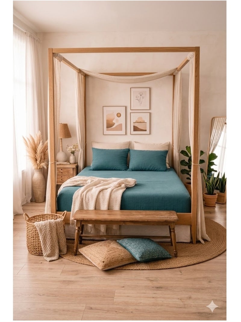Drap Housse Double Gaze de Coton GAÏA Bleu canard - Kiabi