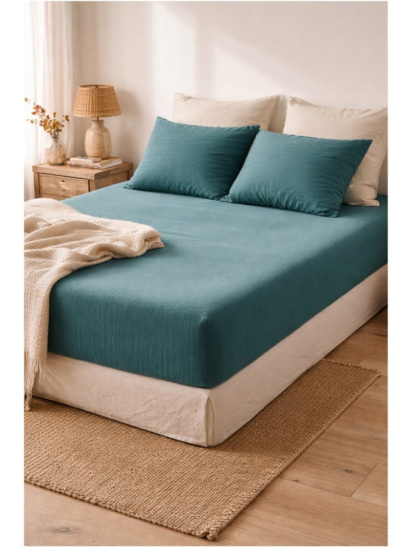 Drap Housse Double Gaze de Coton GAÏA Bleu canard - Kiabi
