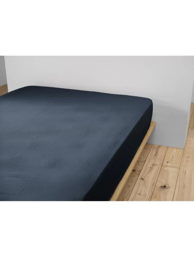 Drap Housse Double Gaze de Coton GAÏA Bleu marine - Kiabi