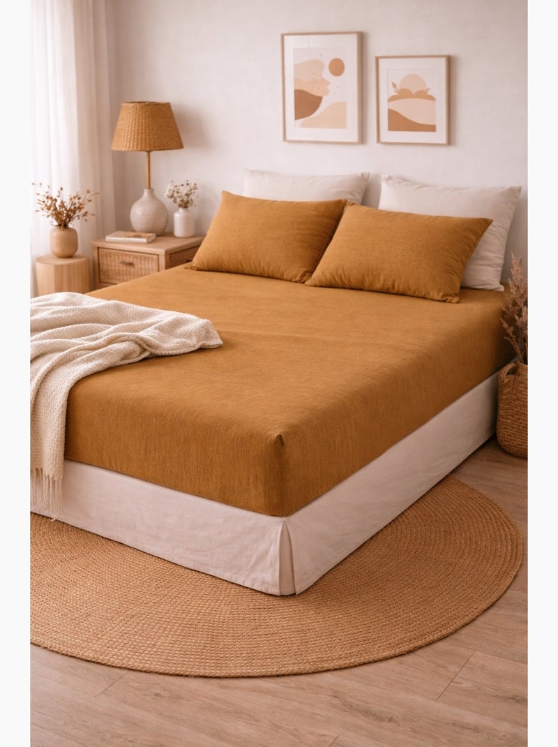 Drap Housse Double Gaze de Coton GAÏA Camel - Kiabi