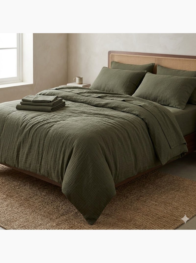 Drap Housse Double Gaze de Coton GAÏA Kaki - Kiabi