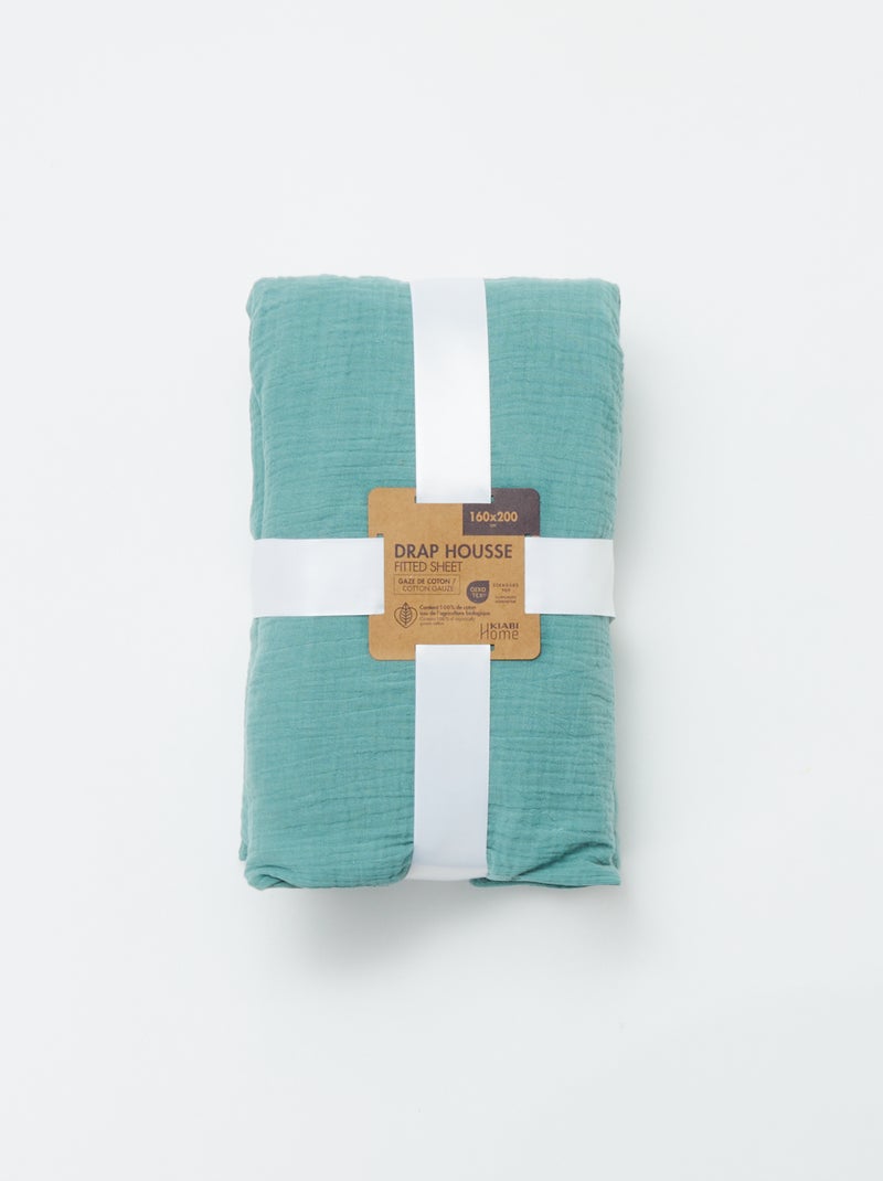 Drap housse en gaze de coton (160 x 200 cm) - Kiabi Home Bleu turquoise - Kiabi