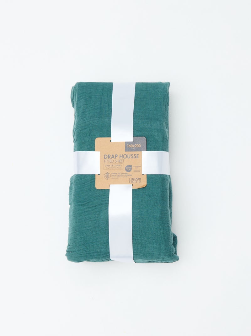 Drap housse en gaze de coton (160 x 200 cm) - Kiabi Home Vert - Kiabi