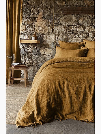 Drap Housse en Lin Lavé 140 x 190 cm Caramel