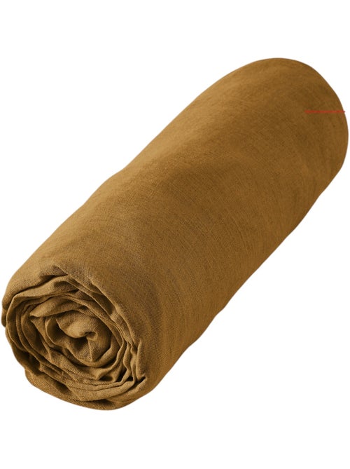 Drap Housse en Lin Lavé 140 x 190 cm Caramel - Kiabi